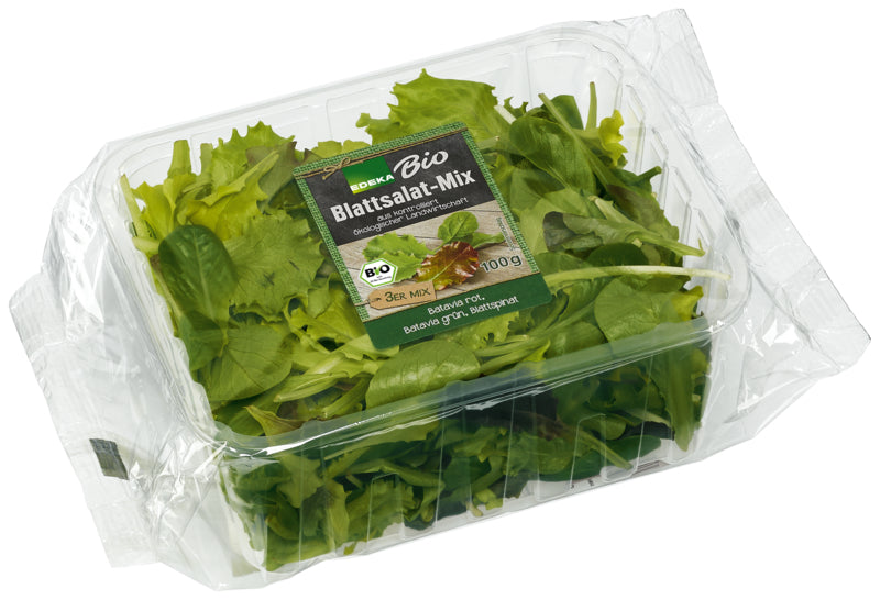 Bio EDEKA Salat-Mix Eichblatt rot/grün, Babyspinat, Bionda, Rosso Italien 100g Schale mit Flowpack