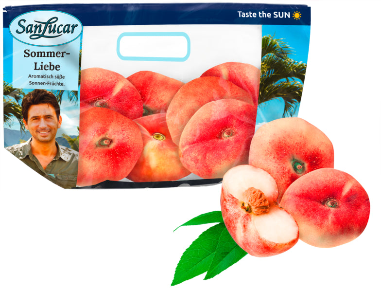 San Lucar Plattpfirsiche weiß Spanien Klasse I 600g Tragetasche