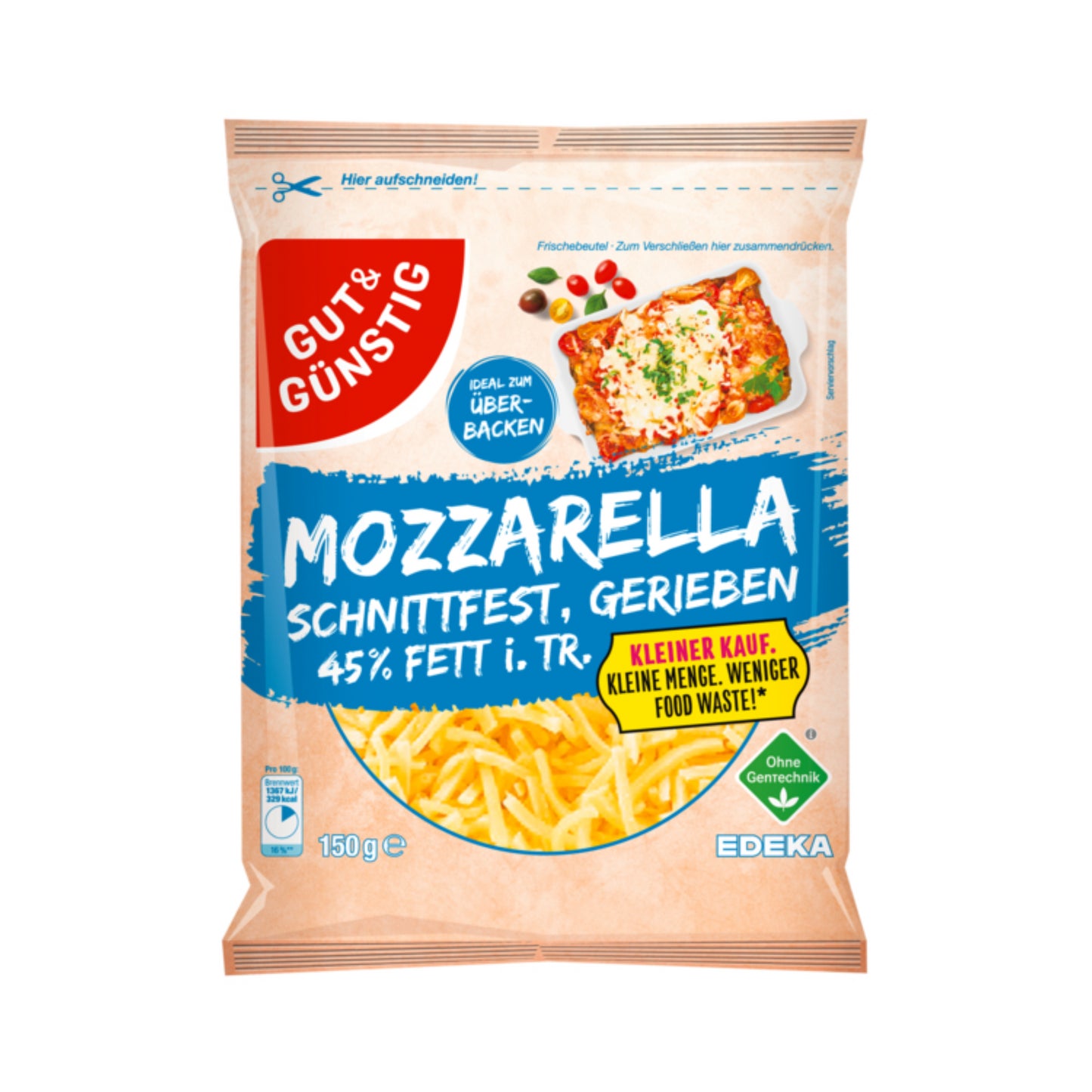 GUT&GÜNSTIG Mozzarella 45% gerieben Kleiner Kauf 150g