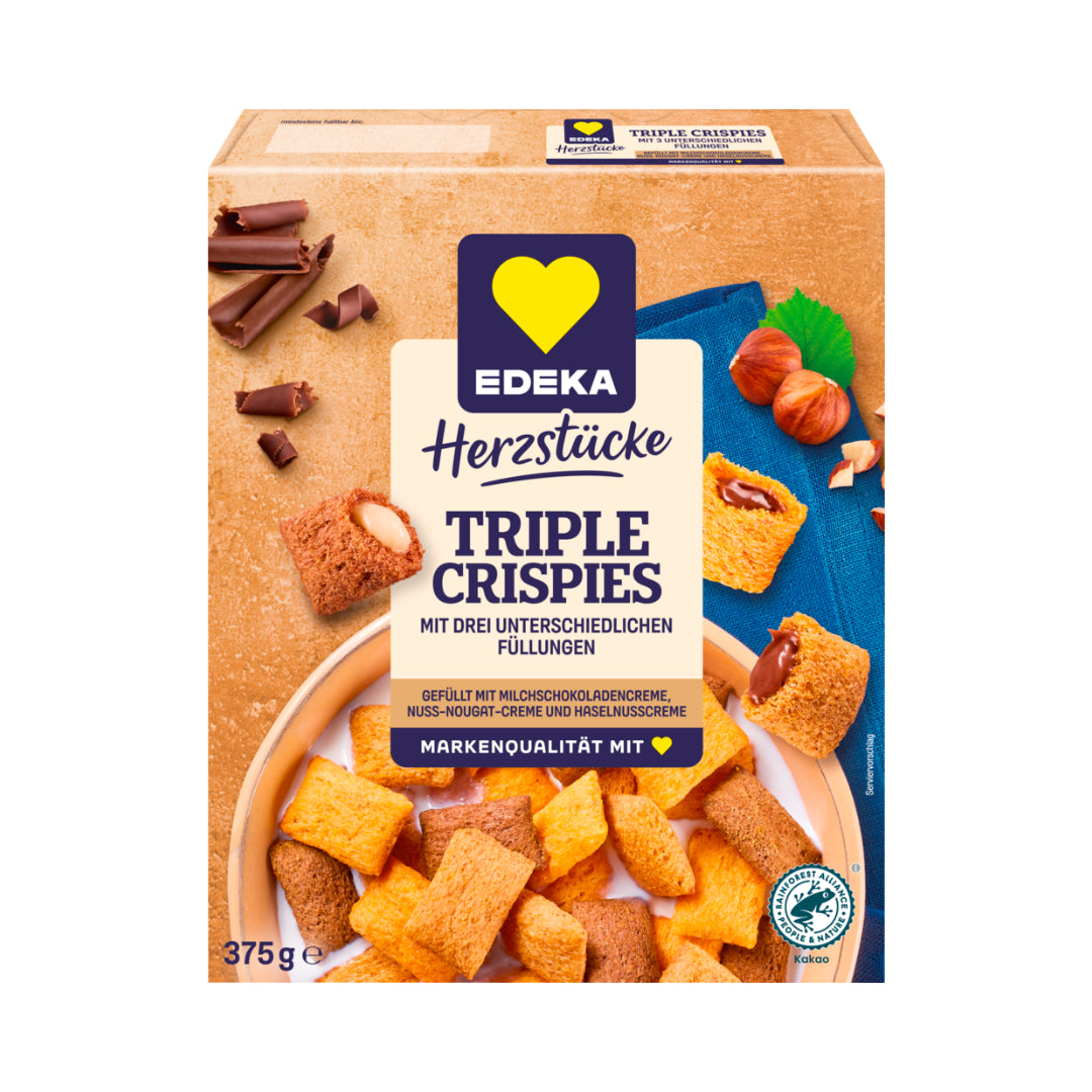 EDEKA Herzstücke Triple Crispies Milchschokoladencr.&Nuss-Nougatcr.m.Karam.Geschm.u.Salz Haselnusscr.375g