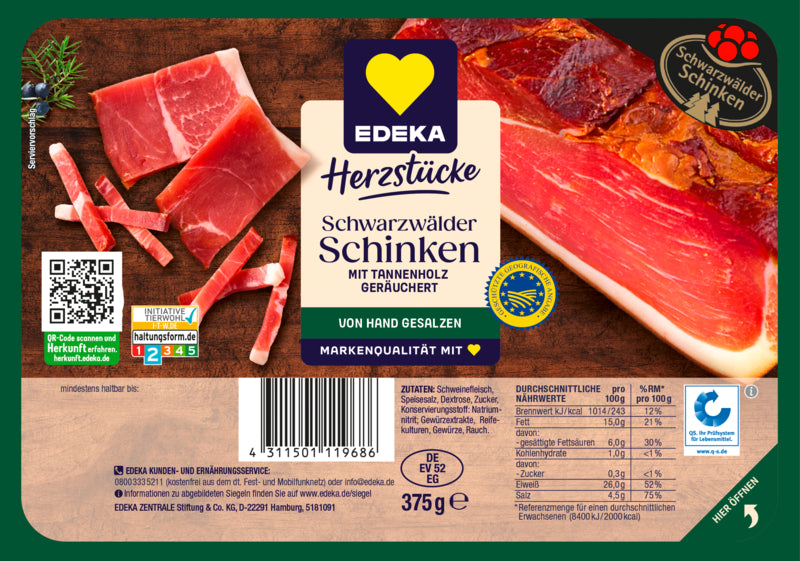 EDEKA Herzstücke Schwarzwälder Schinken 375g QS ITW