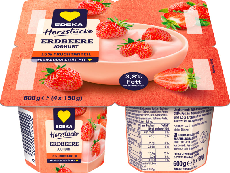 EDEKA Herzstücke Fruchtjoghurt Erdbeere 3,8% 4x150g