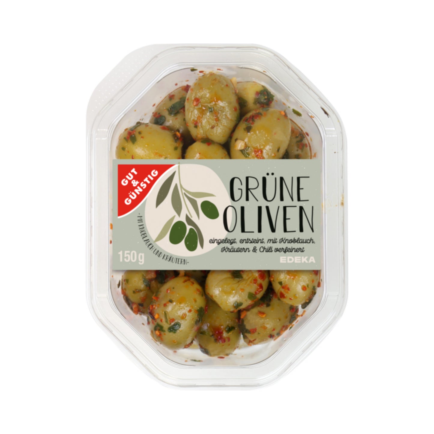 GUT&GÜNSTIG Grüne Oliven mit Chili Knoblauch&Kräutern 150g