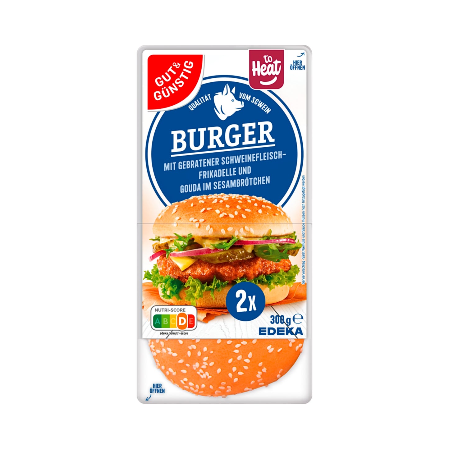 GUT&GÜNSTIG Burger mit gebratener Schweinefleischfrikadelle und Gouda im Sesambrötchen 300g