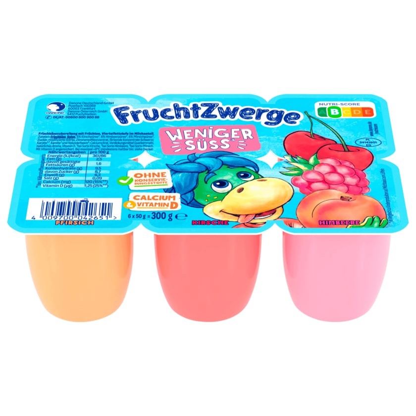 Danone Frucht Zwerge Weniger Süss Pfirsich, Kirsche, Himbeere 6x50g