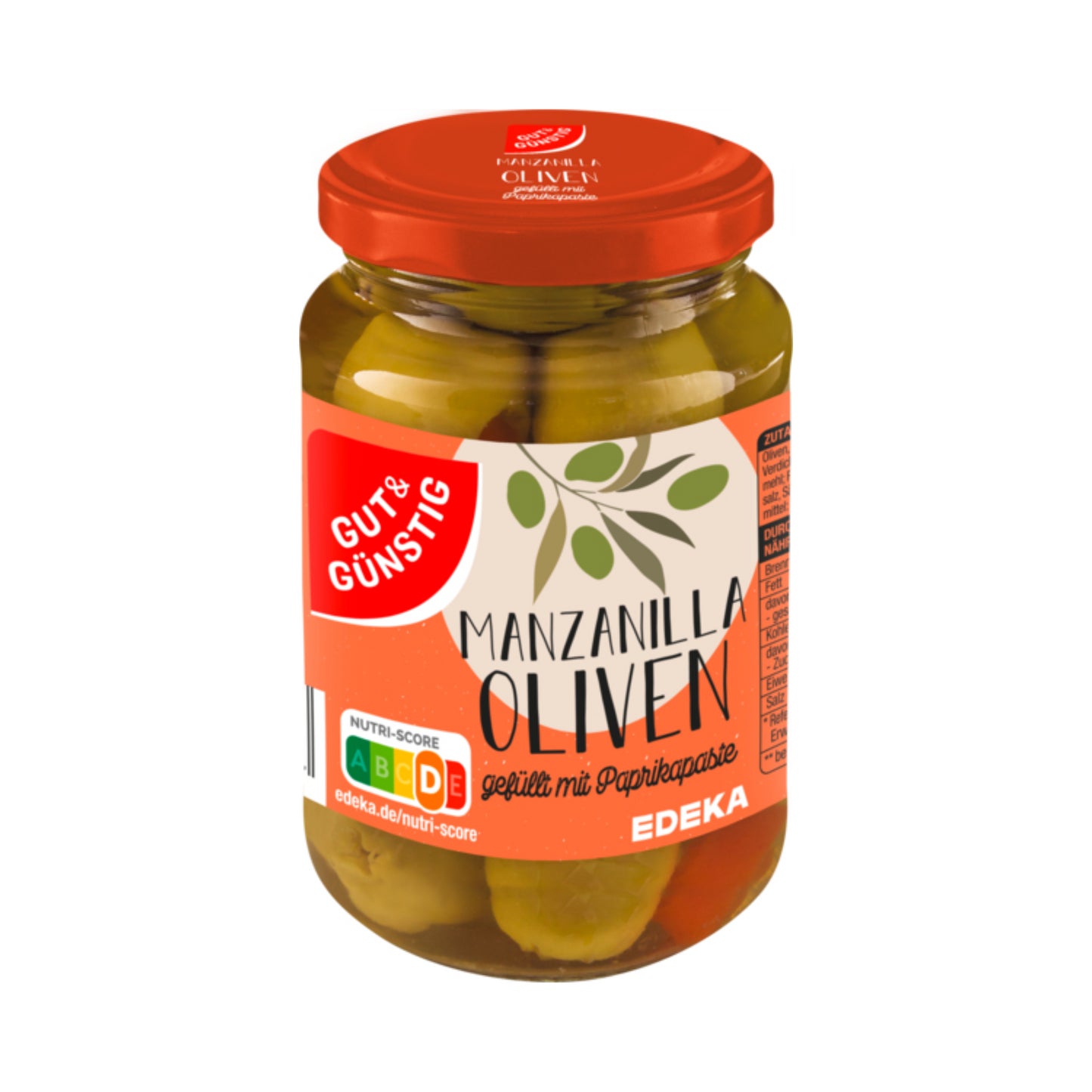 GUT&GÜNSTIG Oliven grün gefüllt mit Paprikapaste 340g