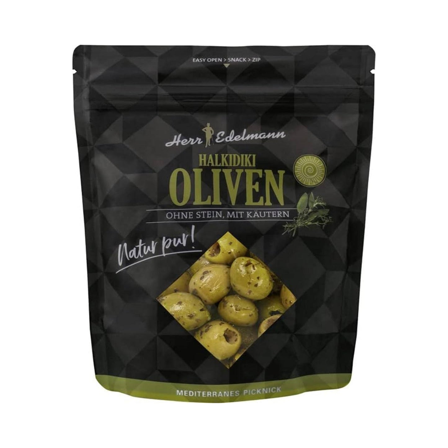 Herr Edelmann Halkidiki Oliven mit Kräutern ohne Stein 150g