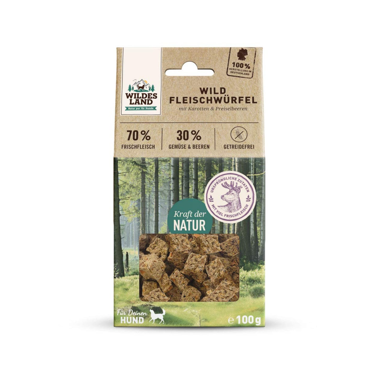 Wildes Land Hund Snack Fleischwürfel Wild 100g