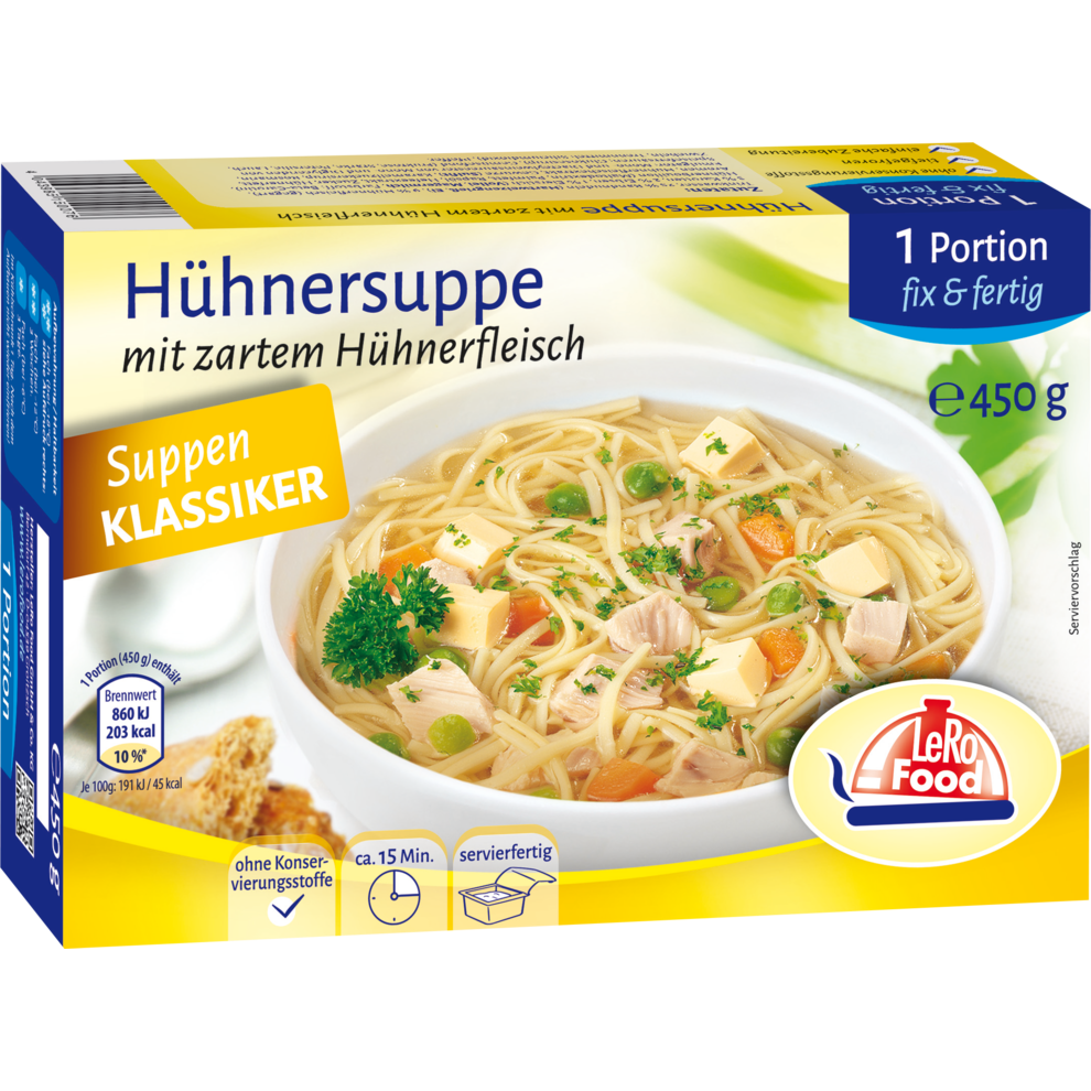 LeRo Food Hühnersuppe mit Zartem Hühnerfleisch 450g