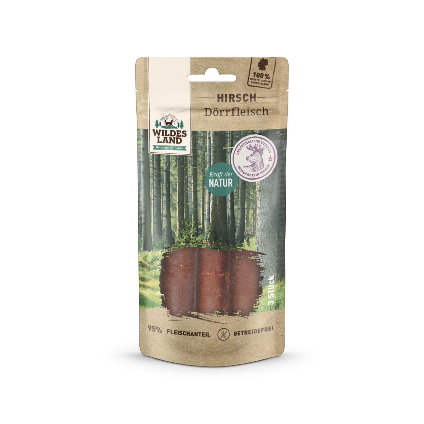 Wildes Land Hunde Snack Hirsch Dörrfleisch 3ST 65g
