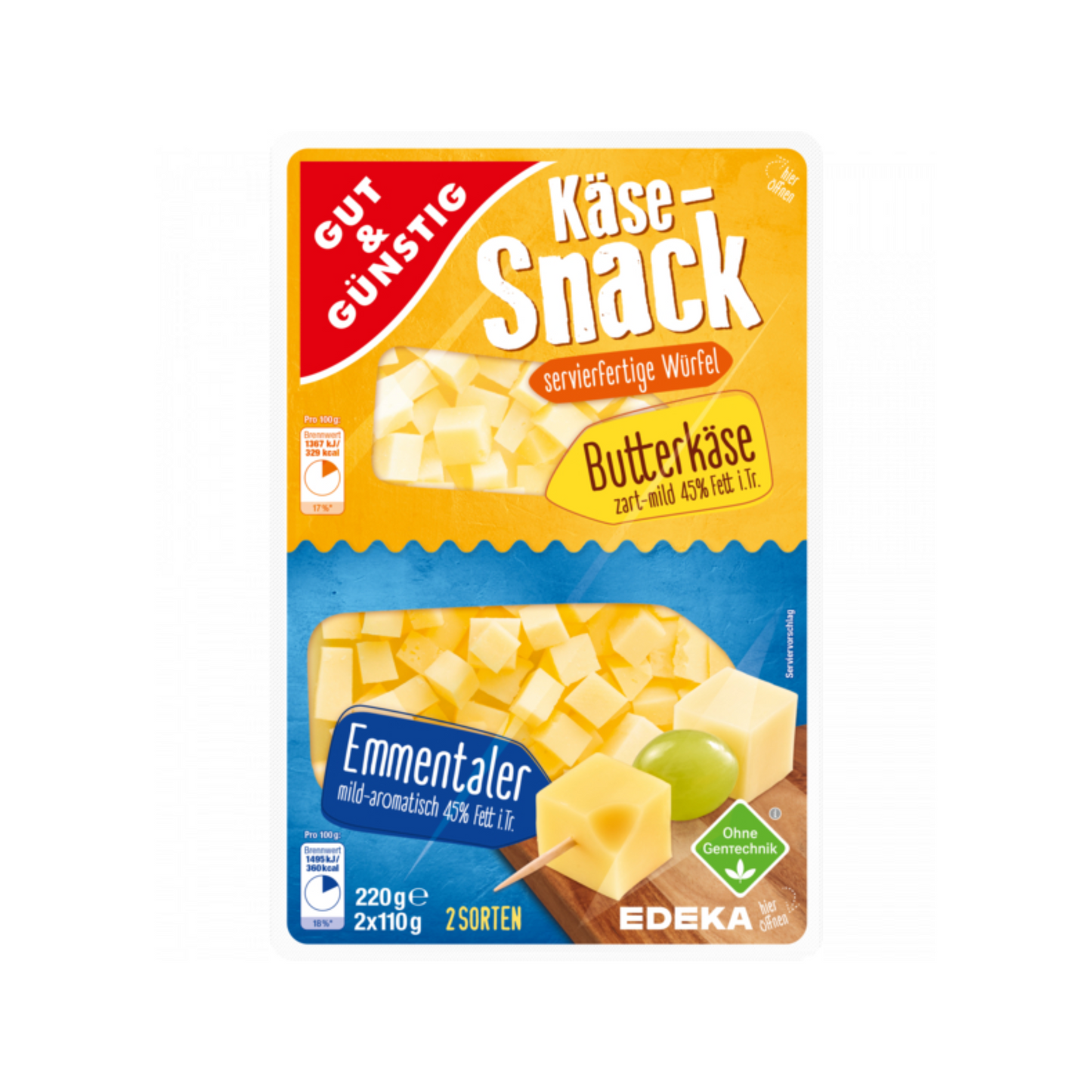 GUT&GÜNSTIG Käse Snack Butterkäse&Emmentaler 45% 2x110g