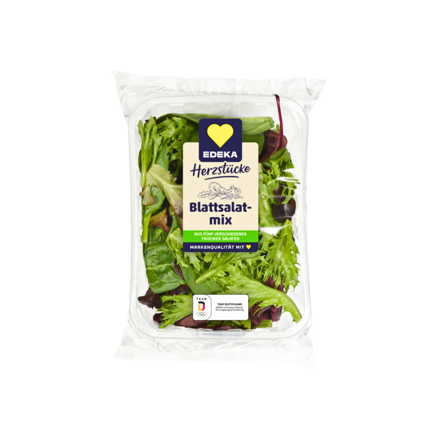 EDEKA Herzstücke Pflücksalat Batavia rot,Batavia grün,Baby-Spinat,Rucola, Bulls Italien 100g Schale m.Fl.
