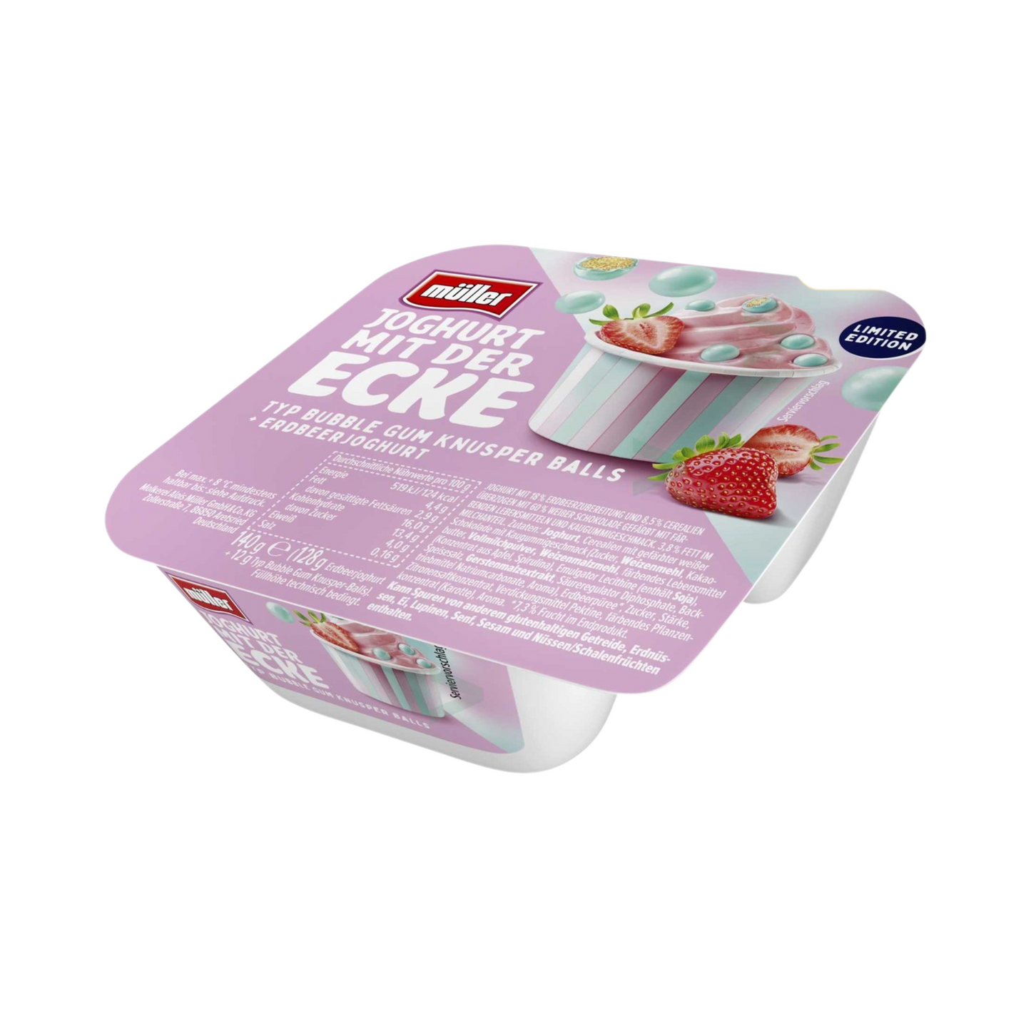 Müller Joghurt mit der Ecke Bubble Gum Knusper Balls Erdbeer 140g