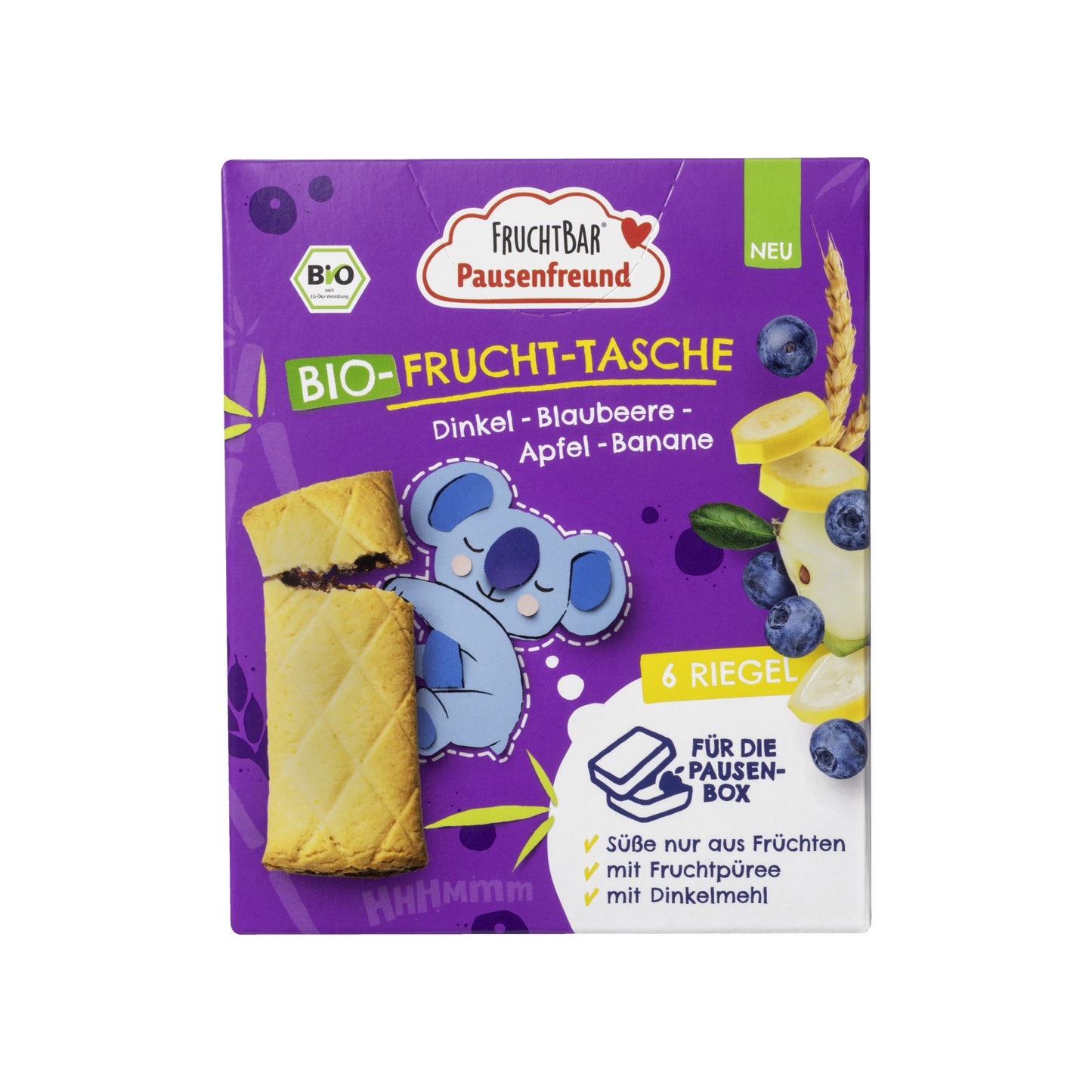 Bio Fruchtbar Pausenfreund Frucht-Tasche Dinkel-Heidelbeere-Apfel-Banane 132g