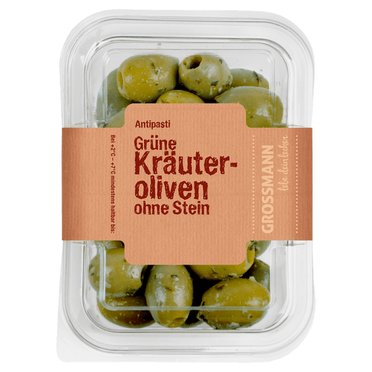 Grossmann Grüne Kräuteroliven ohne Stein 160g