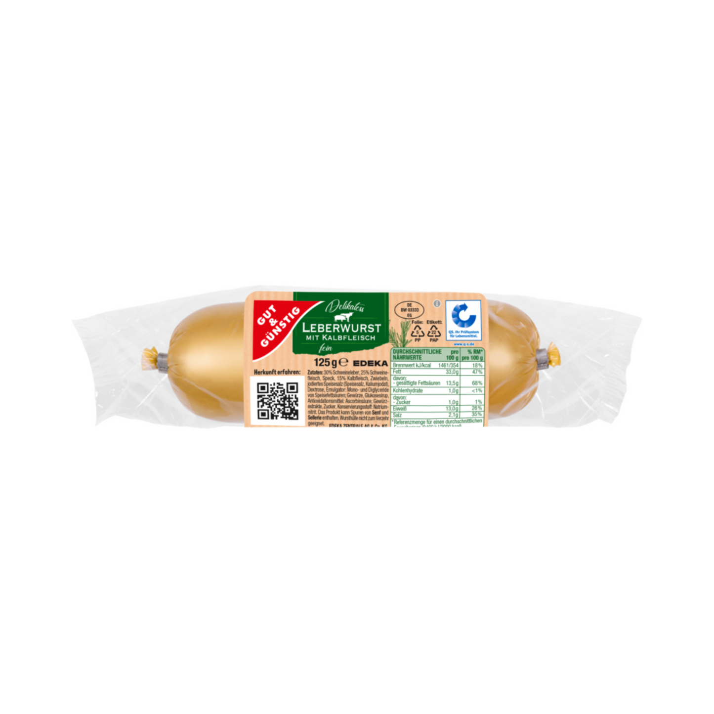 GUT&GÜNSTIG Leberwurst mit Kalbfleisch fein 125g QS
