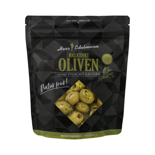 Herr Edelmann Halkidiki Oliven mit Kräutern ohne Stein 150g