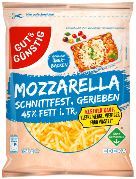 GUT&GÜNSTIG Mozzarella 45% gerieben Kleiner Kauf 150g