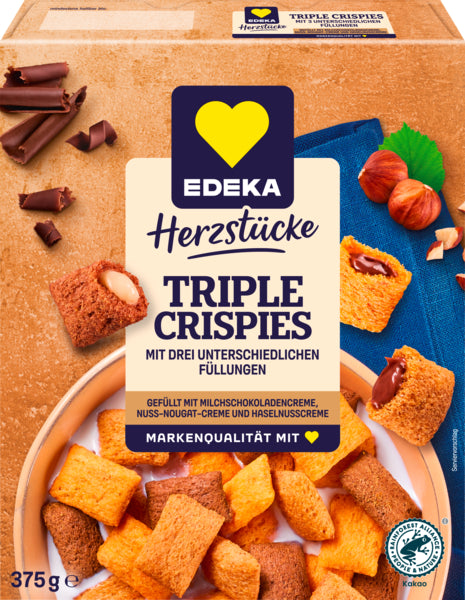 EDEKA Herzstücke Triple Crispies Milchschokoladencr.&Nuss-Nougatcr.m.Karam.Geschm.u.Salz Haselnusscr.375g