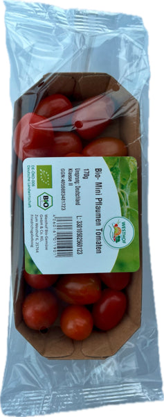 Bio Mini Pflaumen Tomaten Deutschland Klasse II 170g Kartonschale in Flowpack