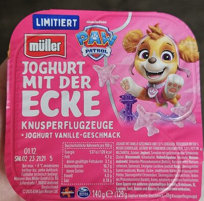 Müller Joghurt mit der Ecke Paw Patrol Knusperflugzeuge+Joghurt Vanille 140g
