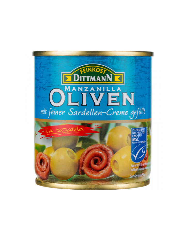 MSC Feinkost Dittmann Oliven grün gefüllt mit Sardellencreme 200g