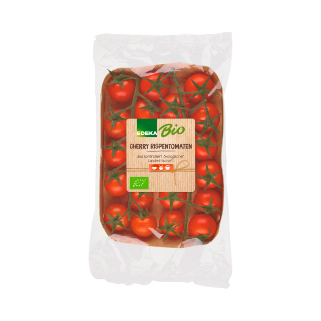 Bio EDEKA Cherry Rispentomaten Spanien Klasse II 350g Kartonschale in Folie