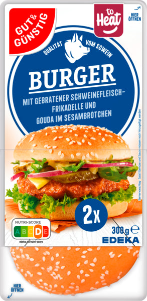 GUT&GÜNSTIG Burger mit gebratener Schweinefleischfrikadelle und Gouda im Sesambrötchen 300g