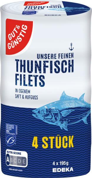 MSC GUT&GÜNSTIG Thunfischfilets in eigenem Saft und Aufguss 4x195g