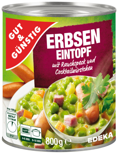 GUT&GÜNSTIG Erbseneintopf mit Rauchspeck und Cocktailwürstchen 800g