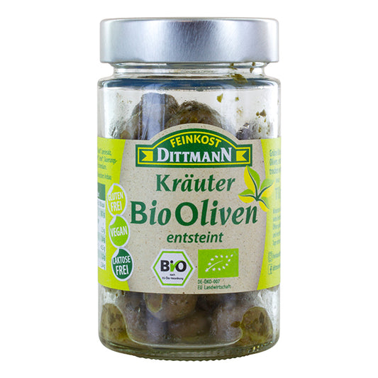 Bio Feinkost Dittmann Kräuteroliven grün ohne Stein 110g