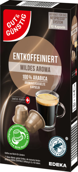 GUT&GÜNSTIG Kaffeekapseln Lungo entkoffeiniert 10ST 52g