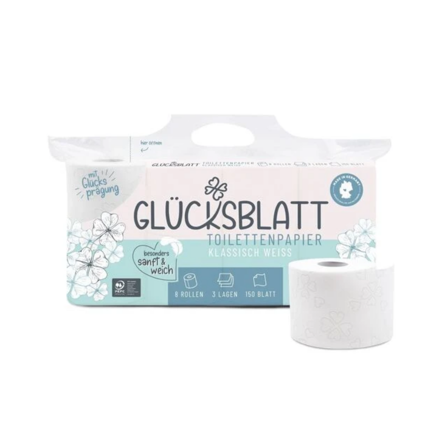 Glücksblatt Toilettenpapier Klassisch weiß 3-lagig 8x150BL