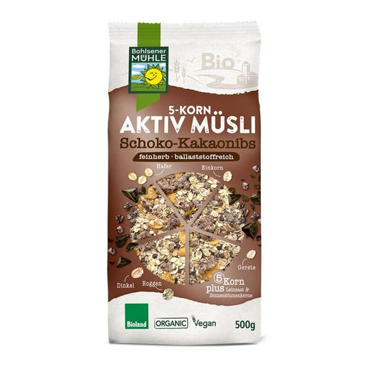 Bio Bohlsener Mühle 5 Korn Aktiv Müsli Schoko Kakaonibs 500g