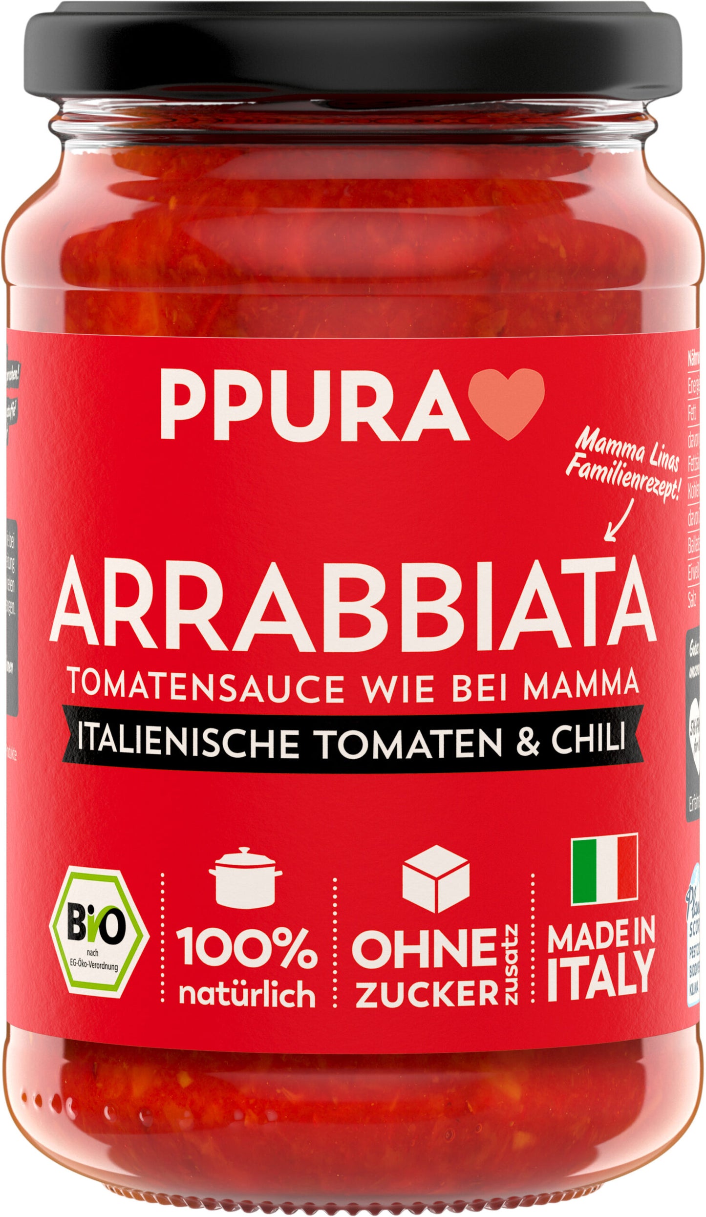 Bio Ppura Sugo Arrabbiata mit fruchtigen Tomaten&Knoblauch&Chili 340g