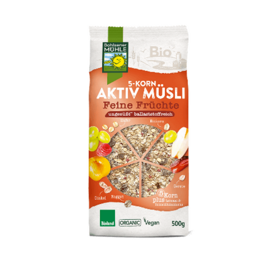 Bio Bohlsener Mühle 5-Korn Aktiv Müsli Feine Früchte ungesüßt 500g