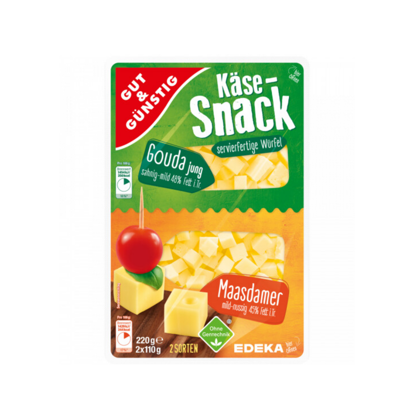 GUT&GÜNSTIG Käse Snack Gouda&Maasdamer 45-48% 2x110g