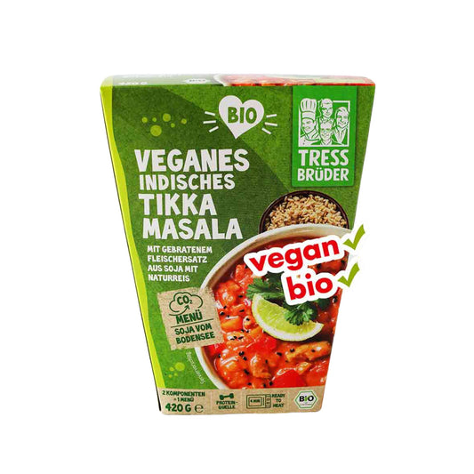 Bio Küchenbrüder Veganes indisches Tikka Masala mit gebratenem Fleischersatz aus Soja mit Naturreis 420g
