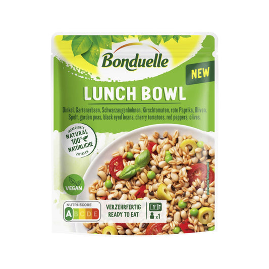 Bonduelle Lunch Bowl Dinkel+Gartenerbsen+Schwarzaugenbohnen+Kirschtomaten+rote Paprika+Oliven 250g