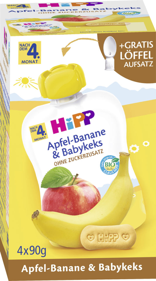 Bio Hipp Frucht&Getreide im Quetschbeutel Apfel-Banane&Babykeks nach dem 4.Monat 4x90g