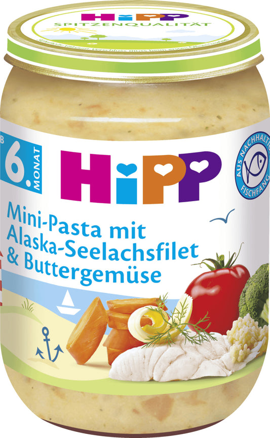 Hipp Menü Mini-Pasta mit Alaska-Seelachsfilet und Buttergemüse ab dem 6.Monat 190g