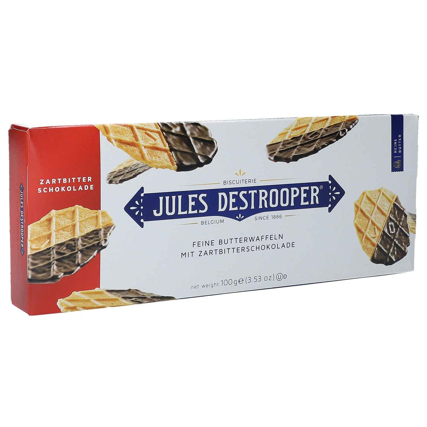 Jules Destrooper Butterwaffeln zur Hälfte schokoliert mit Zartbitterschokolade 100g