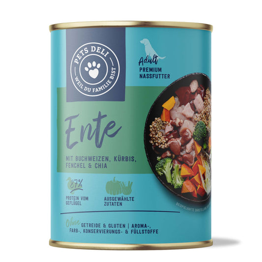 Pets Deli Nassfutter Ente mit Huhn, Kürbis, Buchweizen, Chia&Fenchel 400g