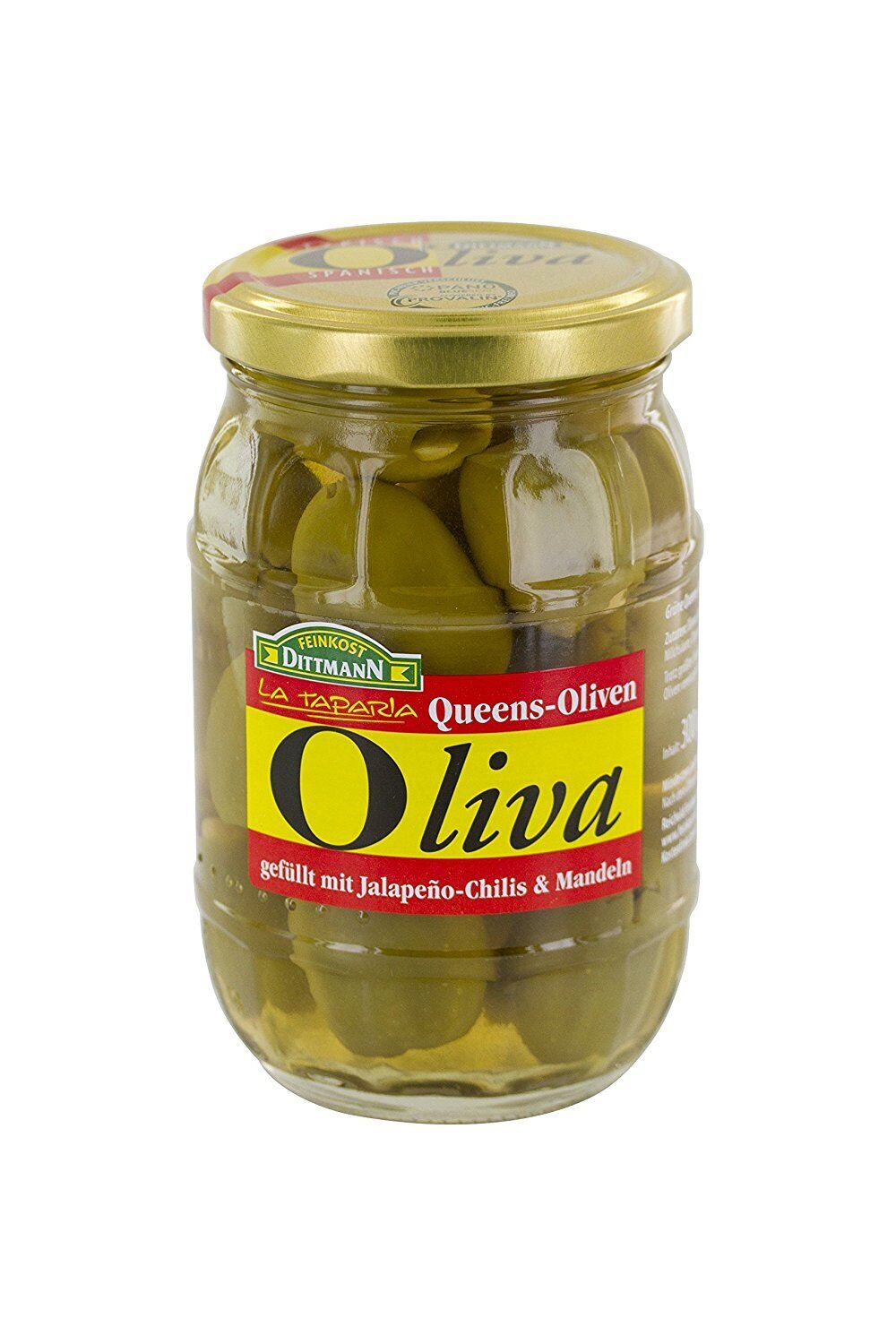 Feinkost Dittmann Oliva Queens Oliven mit Mandeln und Jalapeno Chilis 300g