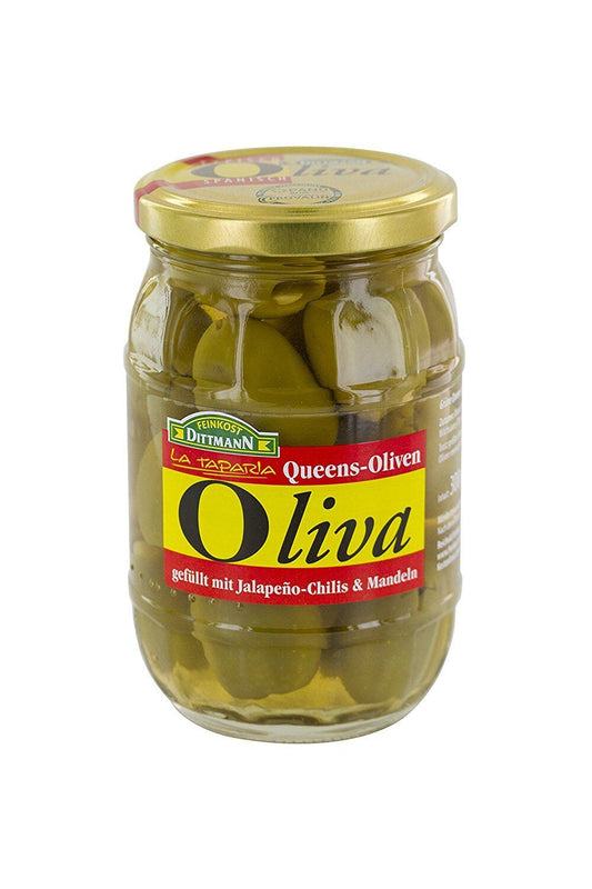 Feinkost Dittmann Oliva Queens Oliven mit Mandeln und Jalapeno Chilis 300g